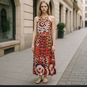 Chelsea & Theodore Red and Orange Sleeveless Halter Sheath Dress